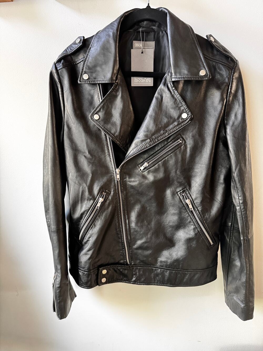 ASOS DESIGN Real Leather Biker Jacket - Black (Size Small) - NWT